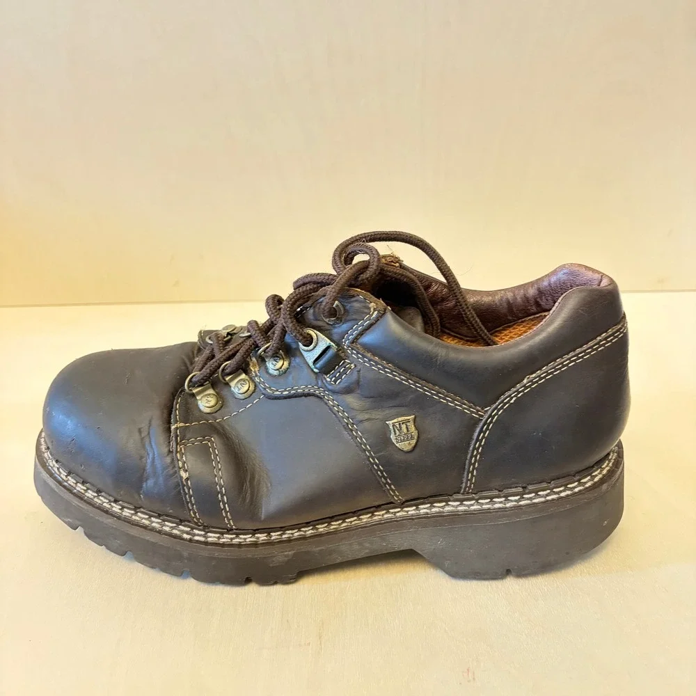 New Terrain Mens 11 Leather Steel Toe Work Boots Brown Lace Up Safety Shoes NT